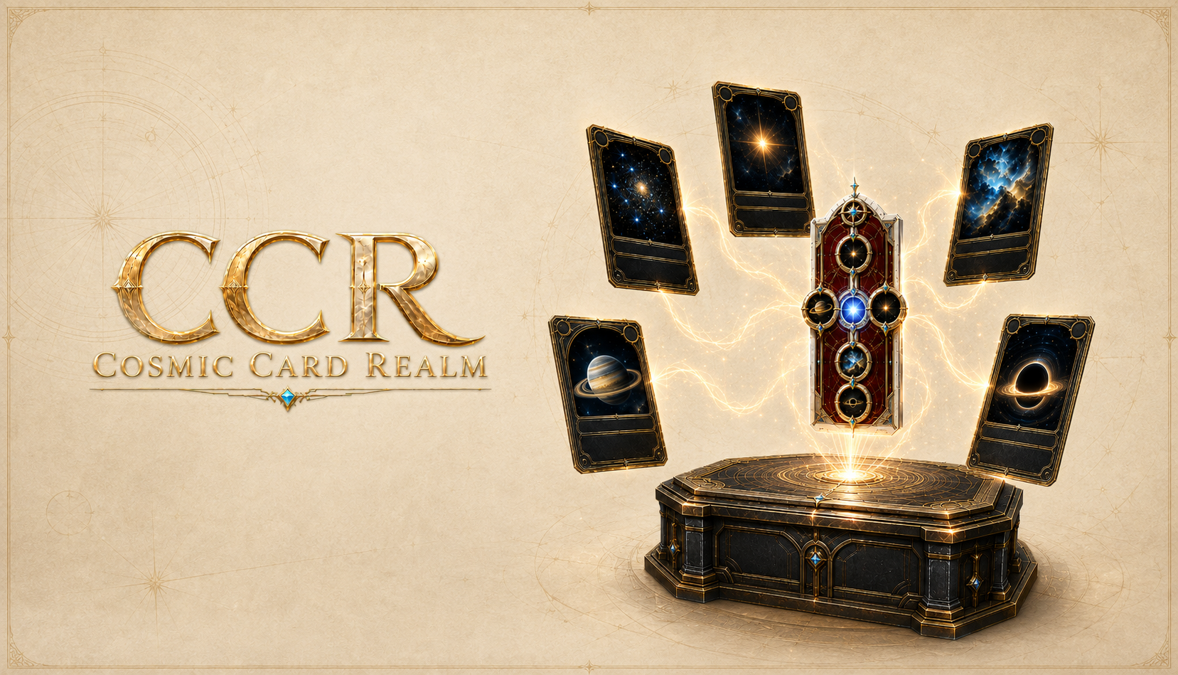 Cosmic Card Realm artwork: five space-themed cards surrounding a forged Relic